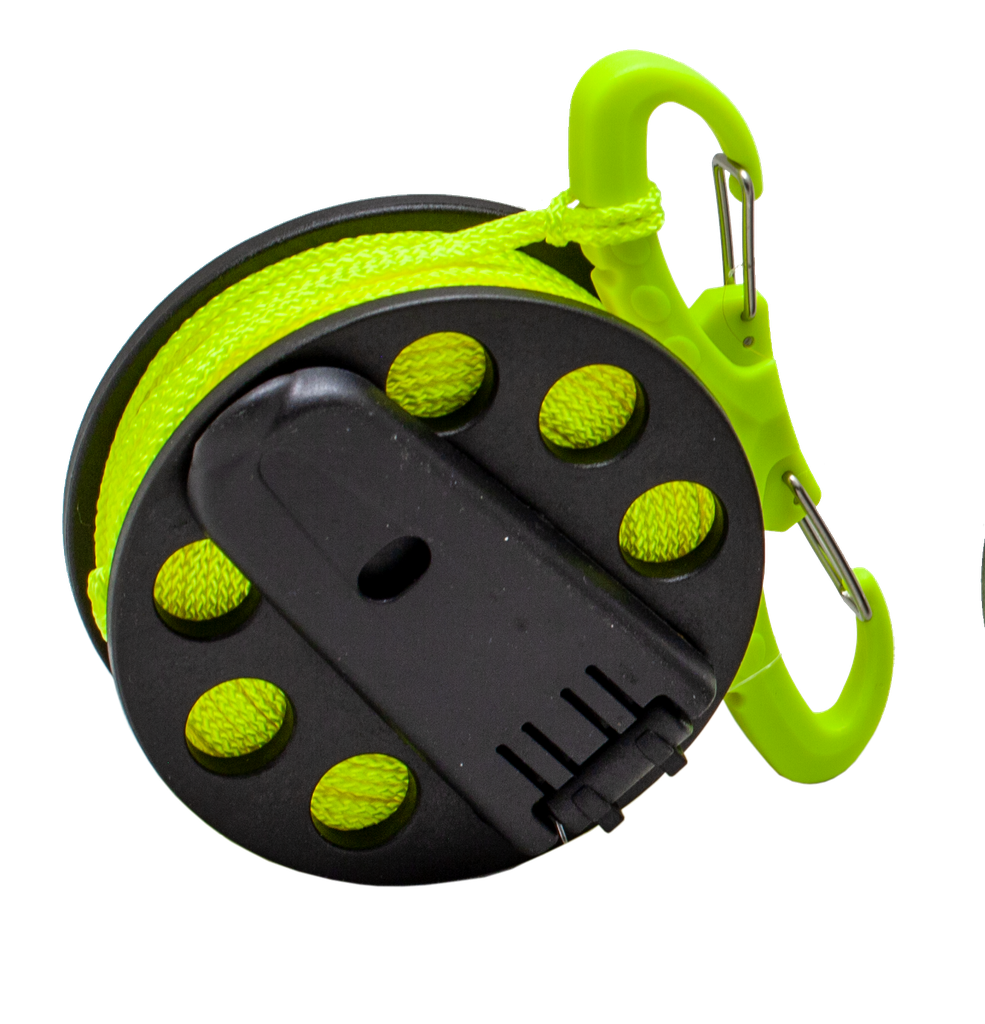 Finger reel with crank handle, 20 metres, double plastic snap hook