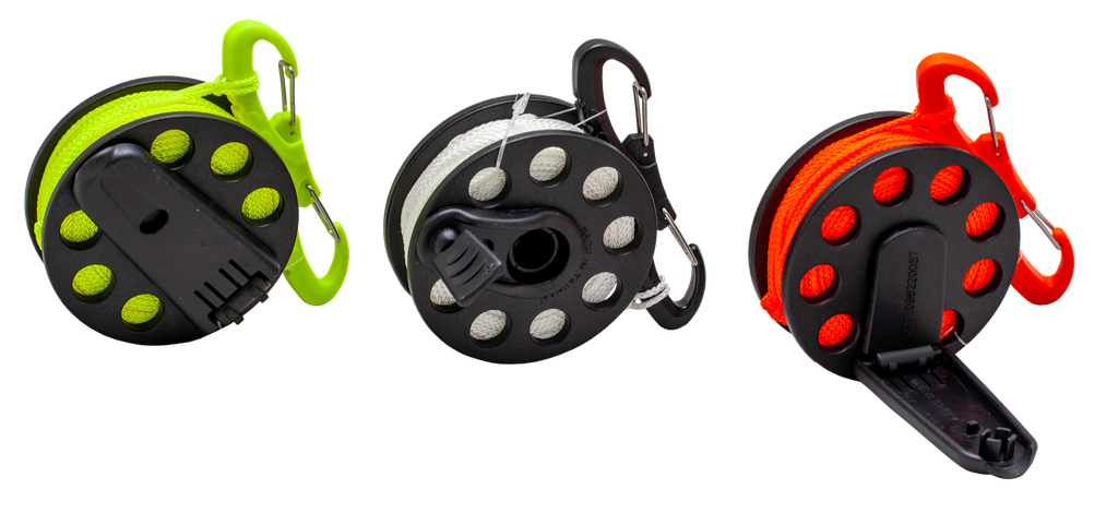 Finger reel with crank handle, 30 metres, double plastic snap hook