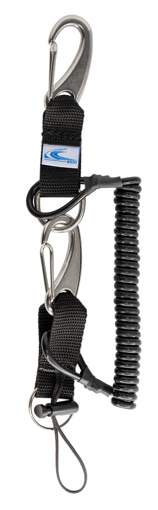 Mousqueton tire bouchon, spirale renforcée, 2 mousquetons Vela Inox 70 mm + + D-ring 25 mm + Anneau brisé inox 30 mm